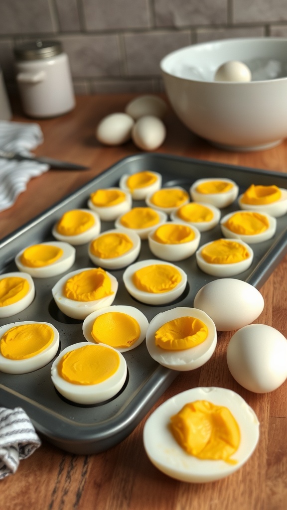 A tray of baked hard boiled eggs with some peeled eggs showing creamy yolks on a rustic kitchen table.